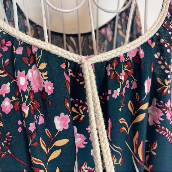 Boho green Floral print Cold Shoulder Dress bell sleeve tassel SZ XS/S/M viscose - Picture 5 of 8